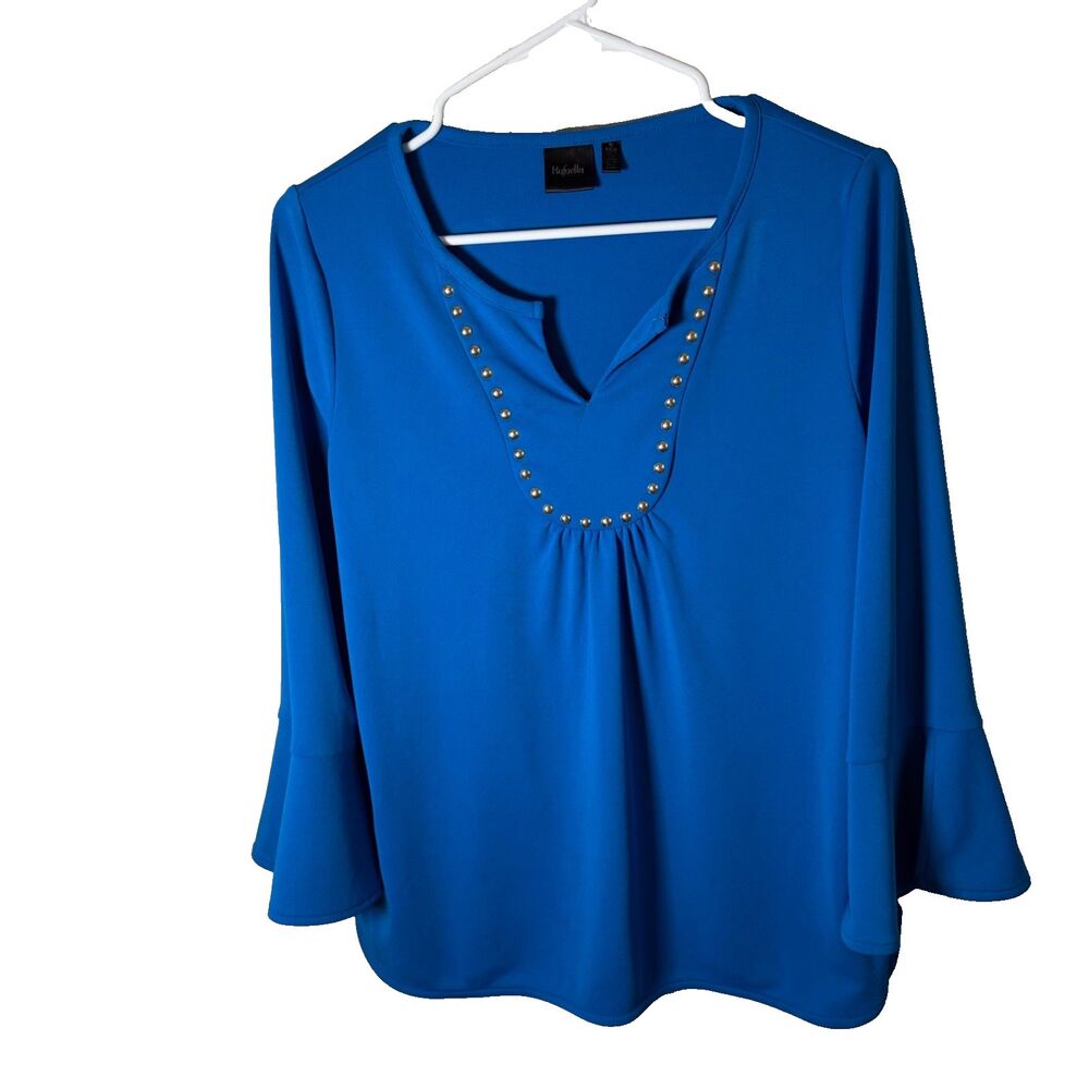 Rafaella Blouse Women's Small Blue Studded V-Neck 3/4 Sleeve Career Top